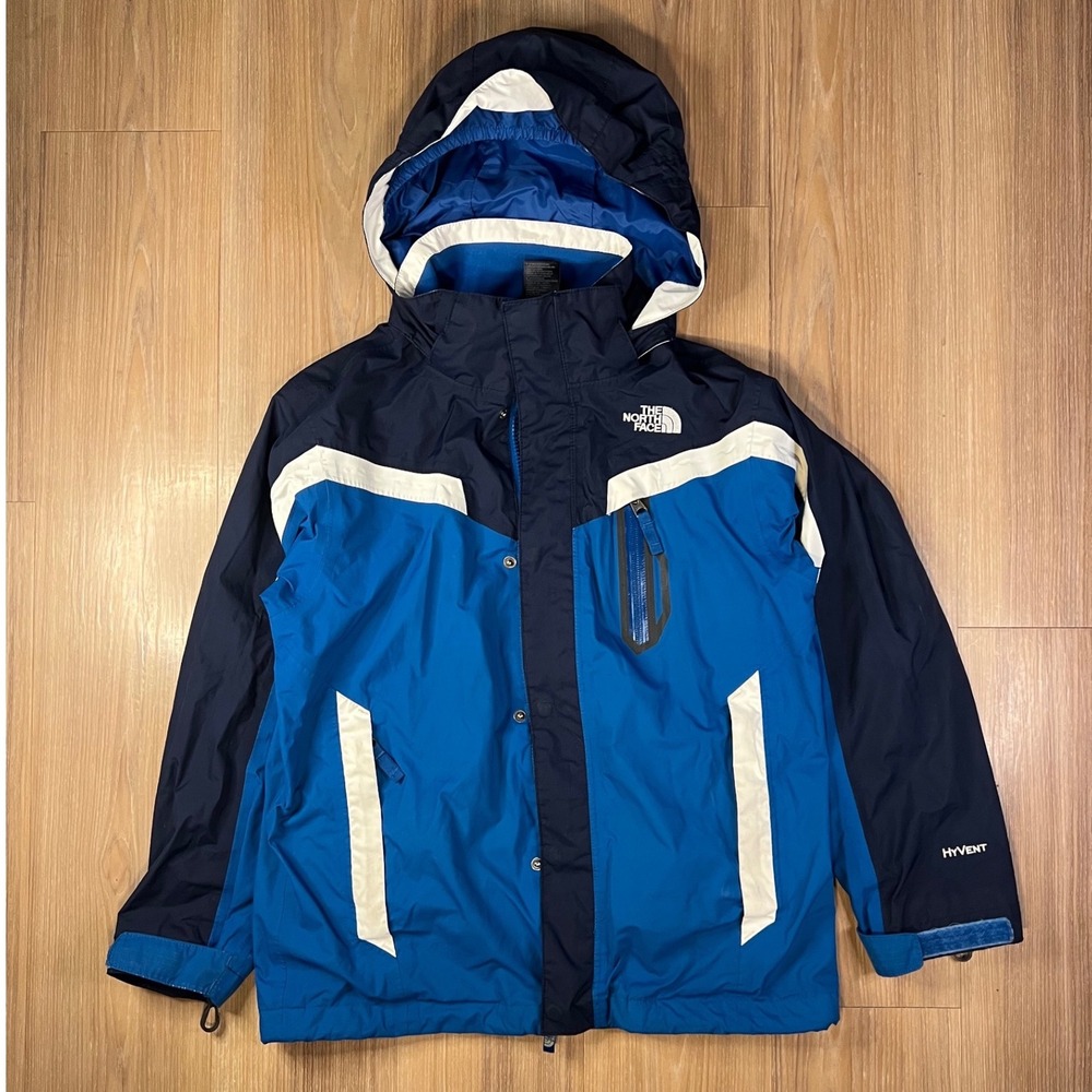 The North Face Boys HyVent Hooded Rain Jacket Colorblock Blue Navy Medium 10/12